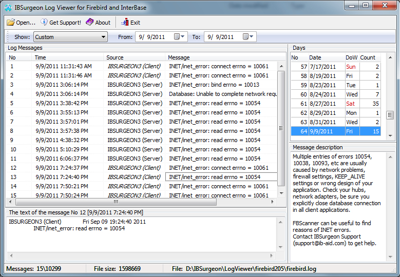 IBSurgeon Log Viewer for Firebird and InterBase: firebird.log and interbase.log