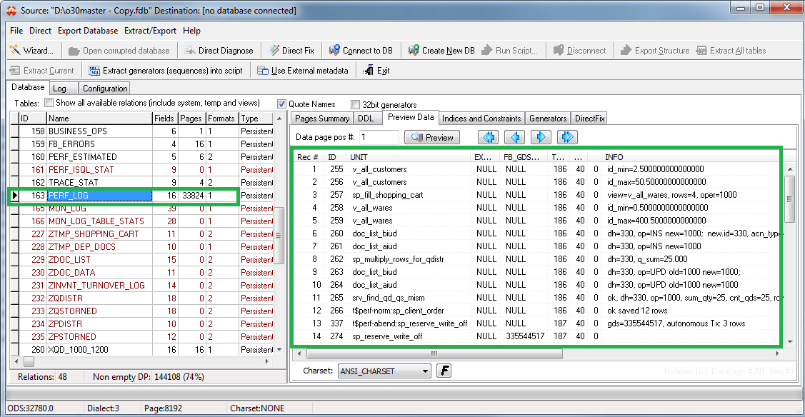 Firebird database recovery preview